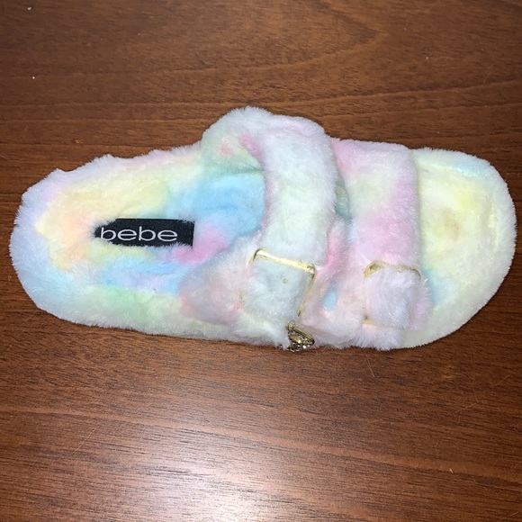 BEBE Fanny Faux Fur Fuzzie Slide Logo Rhinestone Sandals Pink Tie Dye - Picture 4 of 10